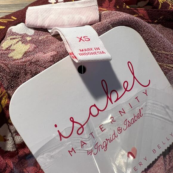 Isabel Maternity Floral Print Short Sleeve Woven Burgundy Dress - XS - NWT - Picture 2 of 9